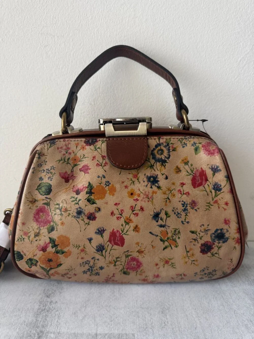 Patricia Nash Gracchi Prairie Rose Tan Framed Leather Satchel Xbody Floral